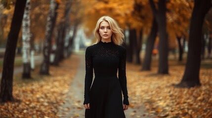 Wall Mural - A fashionable young blonde woman in a black knitted dress strolls through a park in autumn.