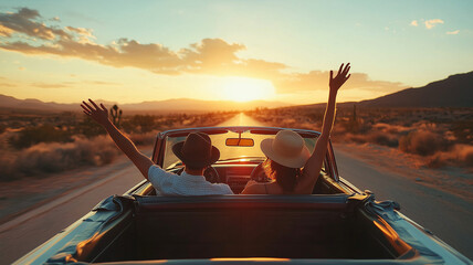 Wall Mural - A couple driving in an open-top car with their arms raised, enjoying the sunset