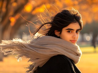 Wall Mural - Young Woman with Scarf in Autumn  Wind