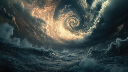 A stormy ocean under a dark, swirling hurricane sky, with waves rising high and clouds forming a thick spiral.