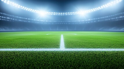 A vibrant soccer field illuminated by stadium lights, showcasing pristine grass and ready for an exciting match.