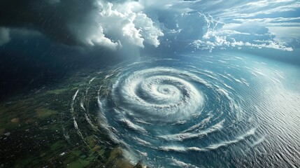 Wall Mural - A view of a hurricane moving inland, with the storm's spiral bands covering the coast and heavy rain falling.