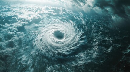 Wall Mural - A view of hurricane clouds spiraling tightly around a calm eye, over the open sea with rough waves below.