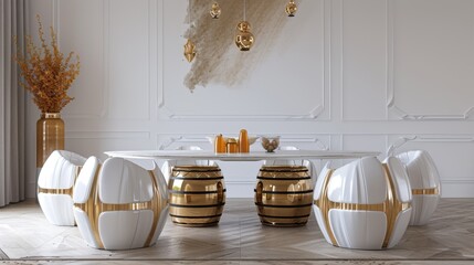 Wall Mural - A luxurious dining room featuring white and gold-accented seats arranged around a sleek white table. The elegant decor, with gold details and minimalist design, exudes a refined and sophisticated