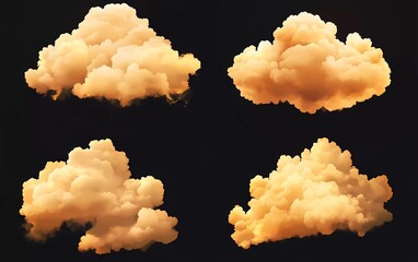 Poster - collection of realistic yellow Clouds isolated on black background. Vector illustration with soft and fluffy clouds