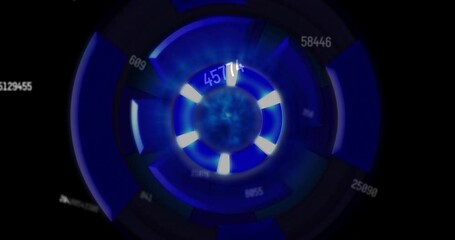 Wall Mural - Blue circular data visualization animation with numbers and glowing segments