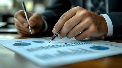 A businessman analyzing charts and graphs on a document.