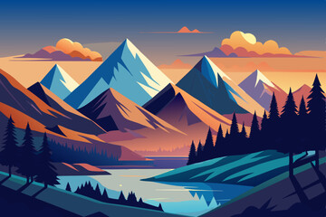 Wall Mural - Vector mountain sunset landscape.for background or banner