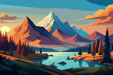 Wall Mural - Vector minimalistic landscape mountains and woods near the water