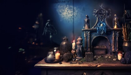 Detailed of witch's altar with dark, mysterious artifacts