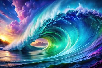 Wall Mural - Abstract wave wallpaper in blue, green, and purple colors with aerial view