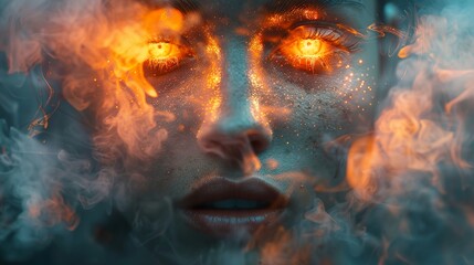 Wall Mural - A woman's face with fiery eyes and smoke surrounding her.