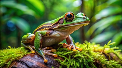 Vibrant green and brown striped frog perches on a moss-covered log, its large round eyes blinking slowly in a serene tropical rainforest environment.