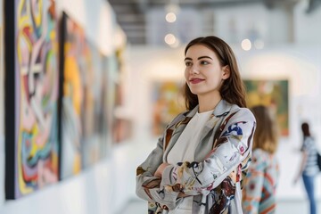 Art gallery saleswoman is smiling while standing with her arms crossed in an art gallery