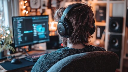 Man Wearing Headphones Working on Computer at Desk with Technology Setup