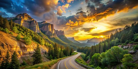 Golden hour illuminates a winding mountain road, flanked by verdant trees and towering cliffs, with scattered wispy clouds in a bright blue sky.