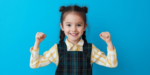 Poster - A young girl is smiling and showing off her muscles. She is wearing a yellow vest and a plaid shirt