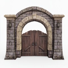 Wall Mural - 3D Render of a medieval town gate with wooden doors and stone arches, on isolated white background