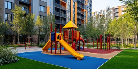 A playground with a yellow slide and a red one. The playground is in a park with trees and grass