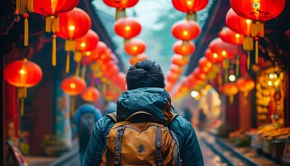 Vibrant street market exploration with traditional red lanterns, showcasing the spirit of adventure and cultural richness