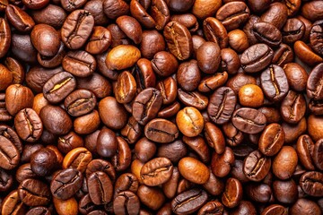 Aerial closeup view of freshly roasted robusta and arabica coffee beans