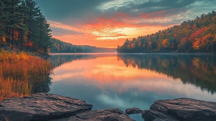 A picture of a lake surrounded by colorful autumn trees at sunrise.  It's a beautiful scene perfect for printing. The lake has rocky edges.