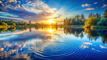 A serene blue pond reflects the gentle morning sun, with soft warm light dancing across the rippling water's surface.