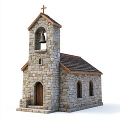 Wall Mural - 3D Render of a small stone chapel with a bell tower, on isolated white background