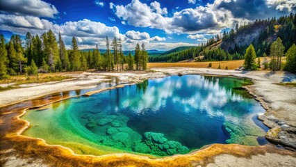 Wall Mural - Vibrant turquoise waters of Excelsior Pool surrounded by lush greenery and unique rock formations in Midway Geyser Basin, Yellowstone National Park, Wyoming, USA.