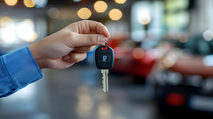 Wall Mural - A hand holding a car key in a garage setting.