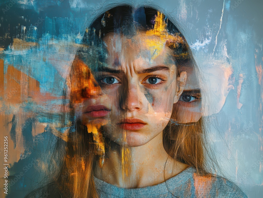 Split Emotion A college girl with a conflicted expression, her face split into layers ...