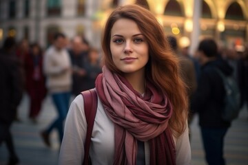 Wall Mural - A woman wearing a pink scarf stands in a busy street