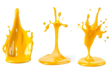 Wall Mural - Melted cheese, yellow cheese sauce drops and splashes collection isolated on white background.