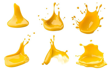 Wall Mural - Melted cheese, yellow cheese sauce drops and splashes collection isolated on white background.