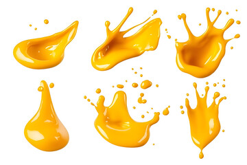 Wall Mural - Melted cheese, yellow cheese sauce drops and splashes collection isolated on white background.