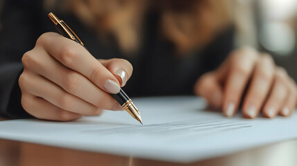 Wall Mural - A hand writing on paper with a pen, suggesting a formal task.