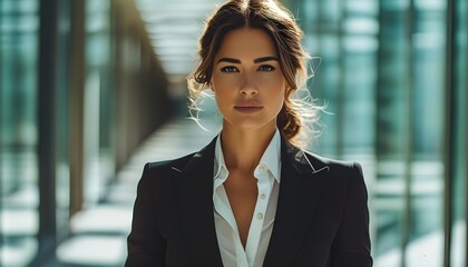 Wall Mural - Confident Woman in Formal Attire Illuminated by Sunlight in Modern Glass Hallway