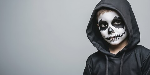 Child with black and white skeleton makeup is posing in a studio setting, wearing a black hooded sweatshirt