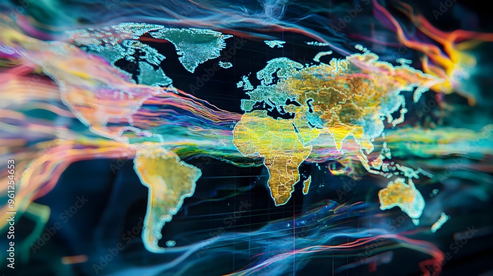 Holographic 3D of a world map displaying the intricate patterns of ...