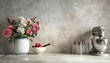 © DruZhi Art - Stylish Kitchen Counter with Mixer, Flowers, and Neutral Tones, Modern and Cozy