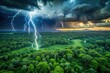 © methinee - Aerial view of dangerous lightning over green rainforest during rainy storm season in Asia