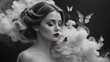 © My Ai - Woman on black and white image billowing grey smoke surrounding her, with hair floating with the smoke, only lips and butterfly colored