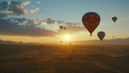 Aerial view of the hot air balloons rising majestically at sunrise, creating an enchanting scene, view from above with hundreds of hot air balloons floating in the summer sunset sky