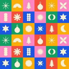 Fototapete - Geometric christmas checkered seamless pattern. Trendy abstract swiss background. Red, green, blue, pink and yellow colors. Vector illustration