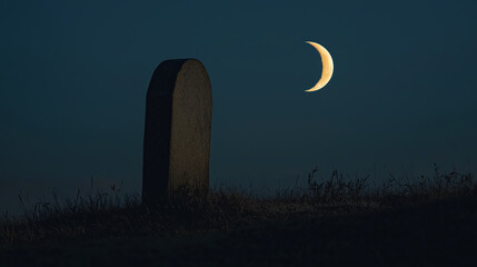 A large headstone is lit up by the moon