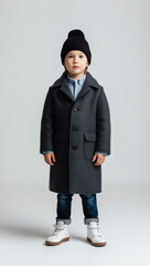 Wall Mural - Child wearing wool coat and beanie on plain white background