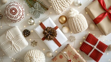 Elegant flat lay of holiday gift and festive decorations set against a crisp white background