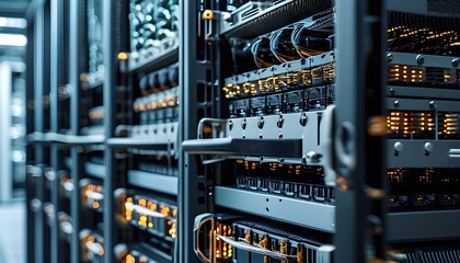 Intricate Network of Server Racks Showcasing Spinning Disks in a Data Center Reflecting Modern Information Storage Precision and Complexity