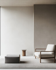 Modern minimalist interior with soft textures, wooden accents and minimal furniture. Japandi room interior design.