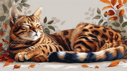 Wall Mural - Sleeping Bengal Cat with Autumn Leaves